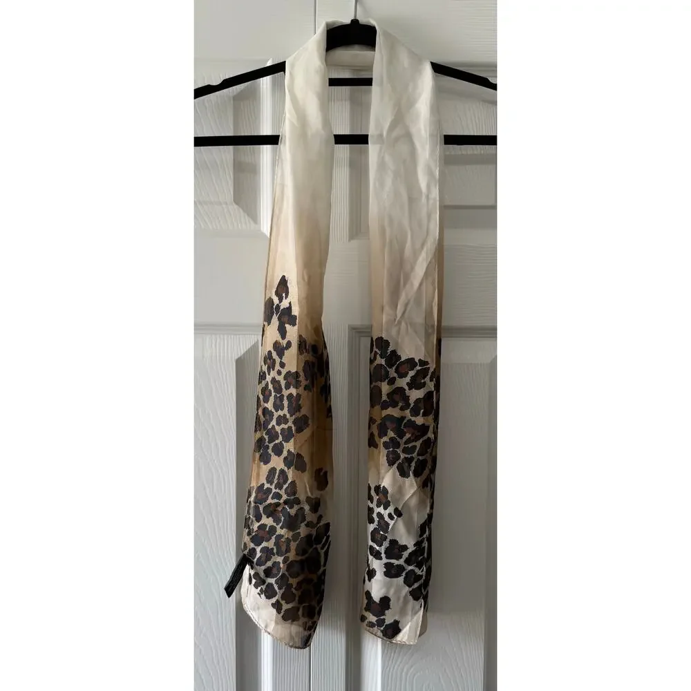 Jones New York 100% Silk Leopard Print Oblong Scarf Ivory Brown